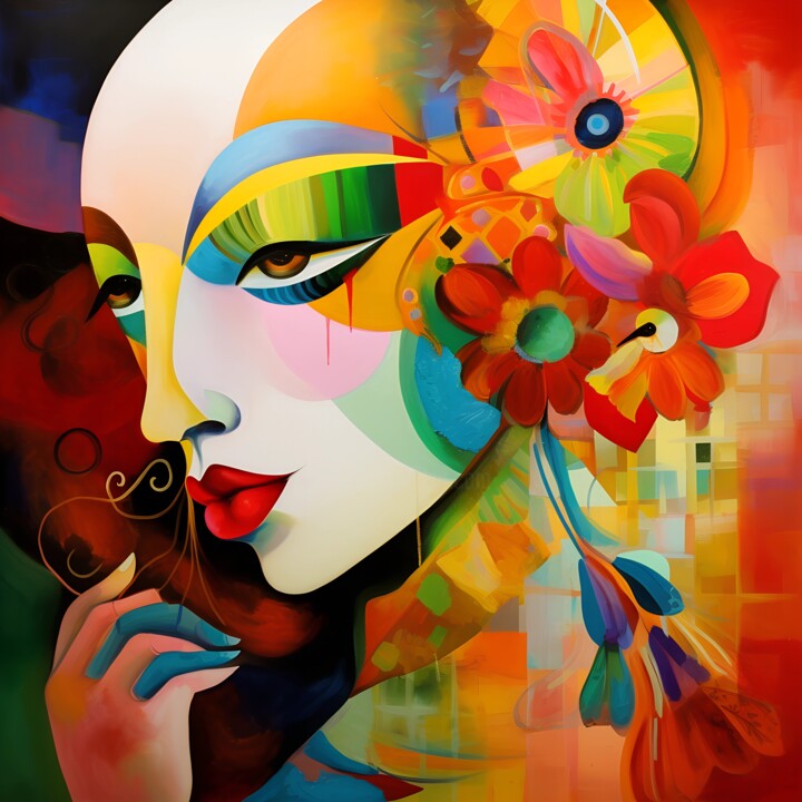 Mystical Beauty: Abstract Woman with Floral Elegance 数字艺术