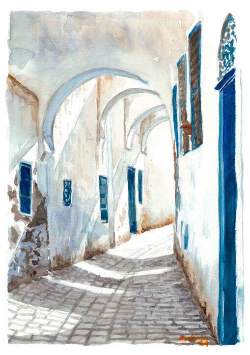 Street in the old town in Tunisia Painting, 16x11.7 in