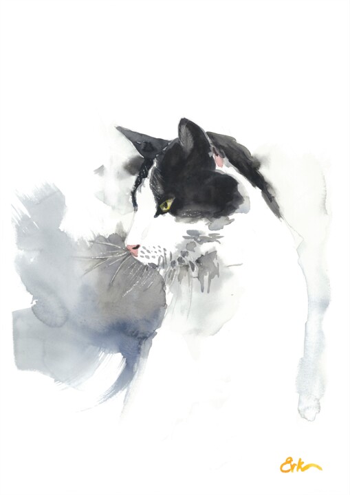 Black and white cat Schilderij, 16x11,7 in