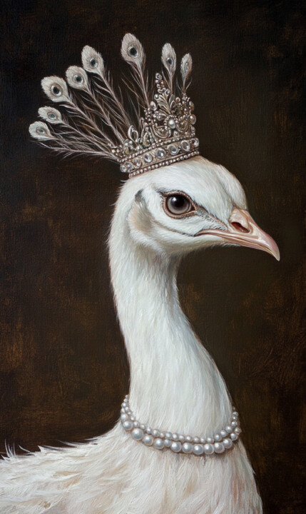 White peacock with crown 绘画, 13.8x8.7 in
