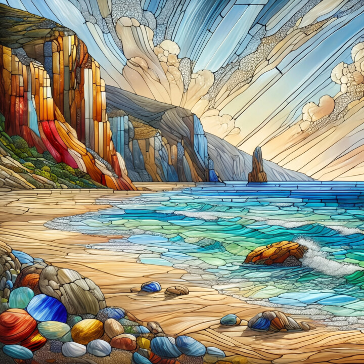 Radiant Shores: A Stained Glass Seascape 数字艺术