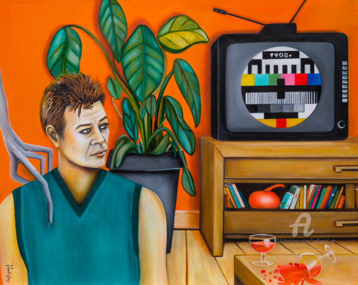 Painting titled "L'arrêt du programme" by Sofigael M., Original Artwork, Oil Mounted on Wood Stretcher frame