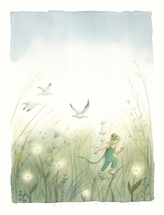 Enfant, mouette et fleurs 绘画, 15.8x11.8 in