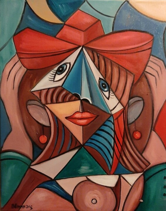 Mulher experimentado um chapéu 绘画, 19.7x15.8 in
