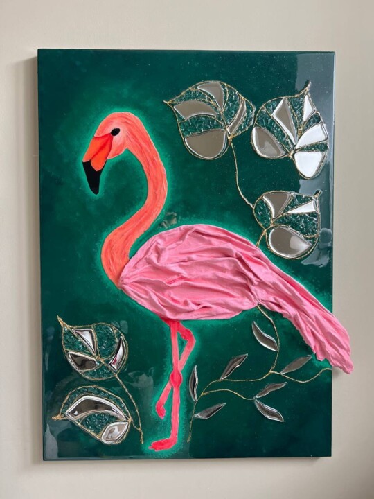 Flamingo in the tropical forest 绘画, 27.6x19.7 in