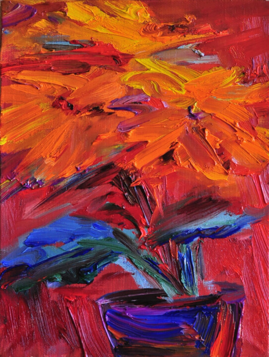 Orange flowers oil painting 绘画, 9.5x7.1 in