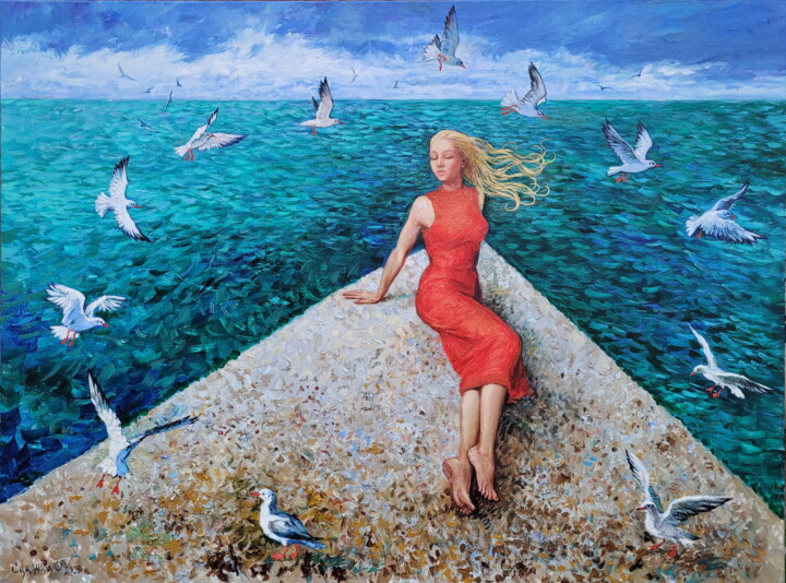 In the flow of flying time. Original oil painting Malerei, 35,4x47,2 in