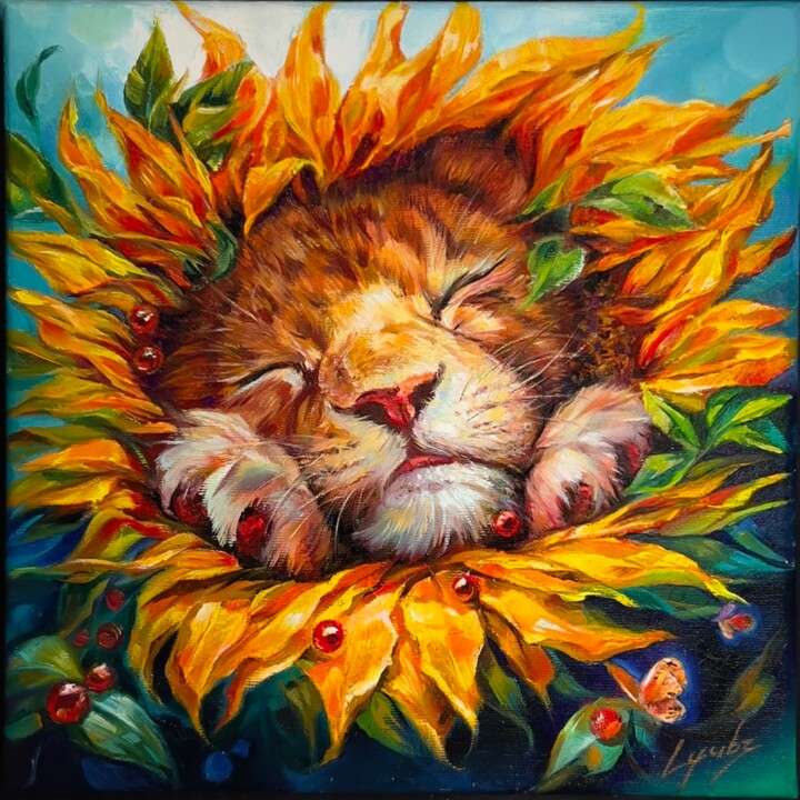 Sleeping Lion Cub in Sunflower Heart – Vibrant Oil Painting 绘画, 11.8x11.8 in