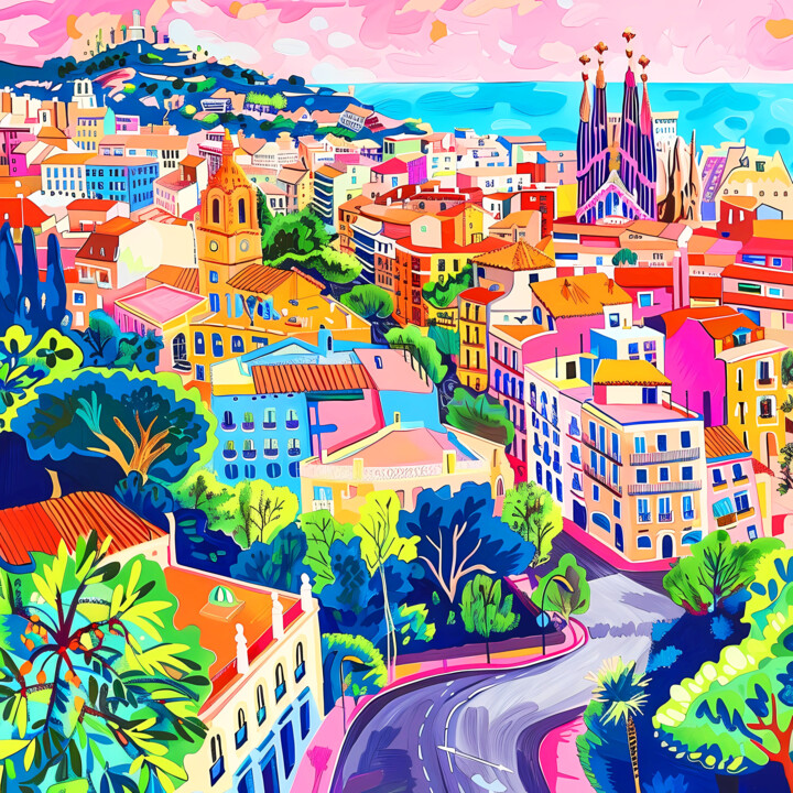 Sunny Spain. Barcelona. Bright naive style Matisse wall art 数字艺术, 39.4x39.4 in
