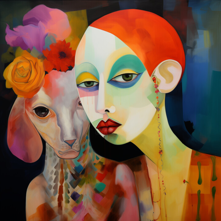 Dreamy Abstract Female and Dog Art – Bold and Beautiful 数字艺术