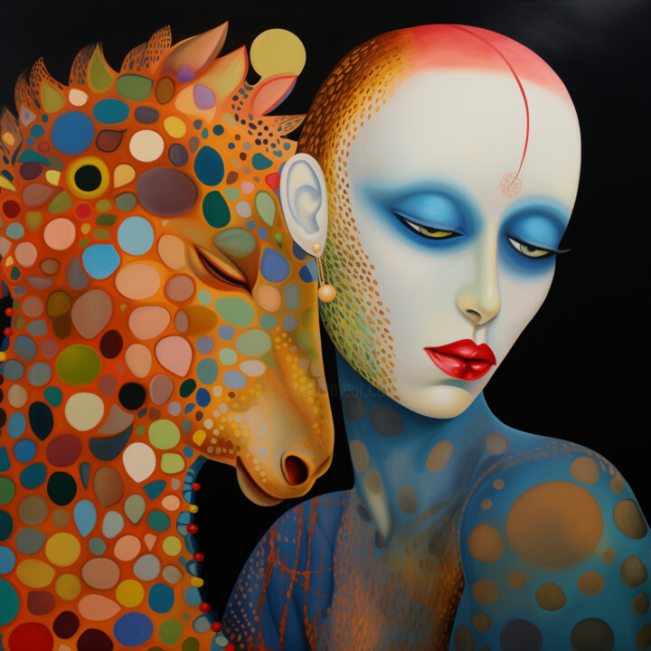 Mystical Mosaic: Surreal Unicorn and Abstract Muse Art Print 数字艺术
