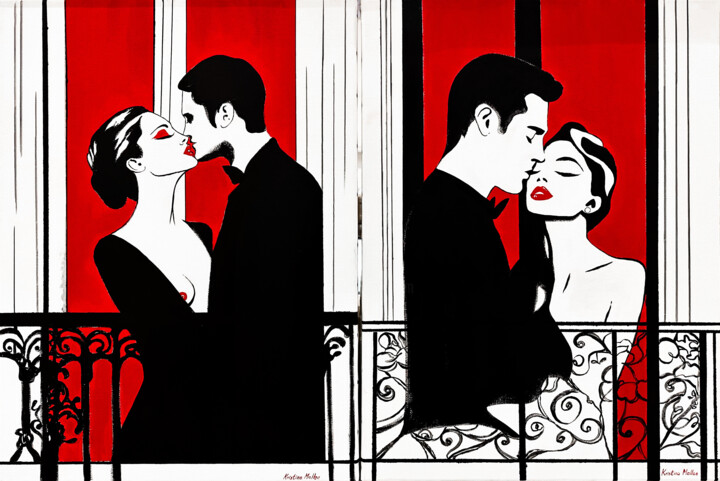Diptych: Lovers in a Parisian Window 绘画, 31.9x47.2 in