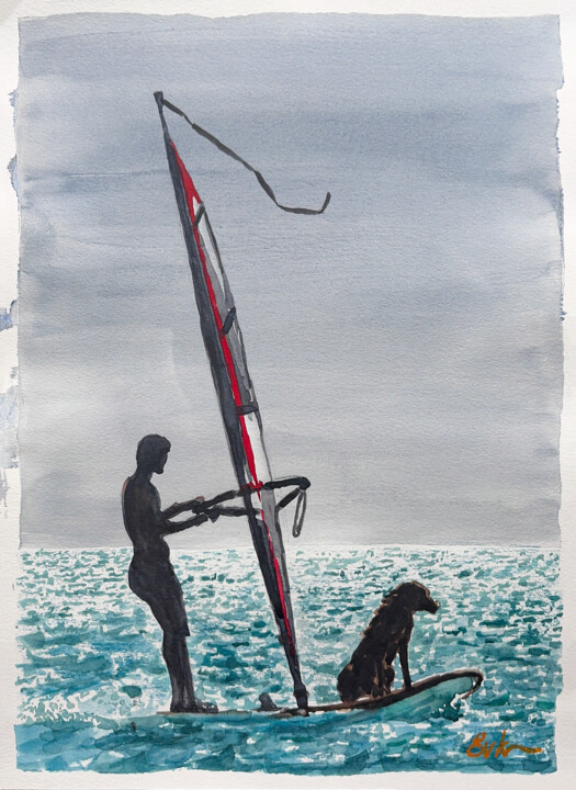 Windsurfer and his dog Картина, 16x11,7 in