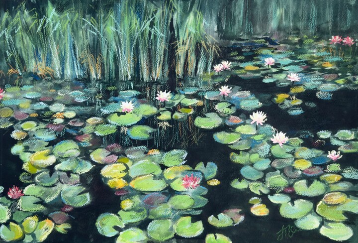 Painting titled "Black Pond" by Olga Pravdina, Original Artwork, Watercolor