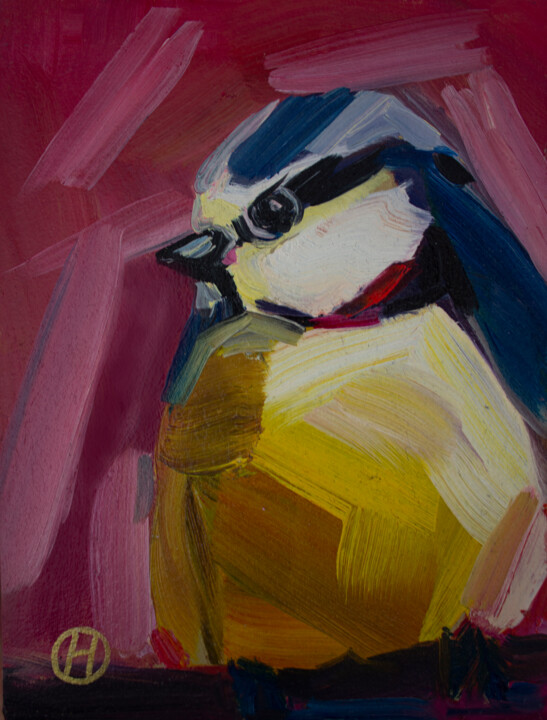 Schilderij getiteld "A frisky titmouse i…" door Nata Hit, Origineel Kunstwerk, Olie Gemonteerd op Karton