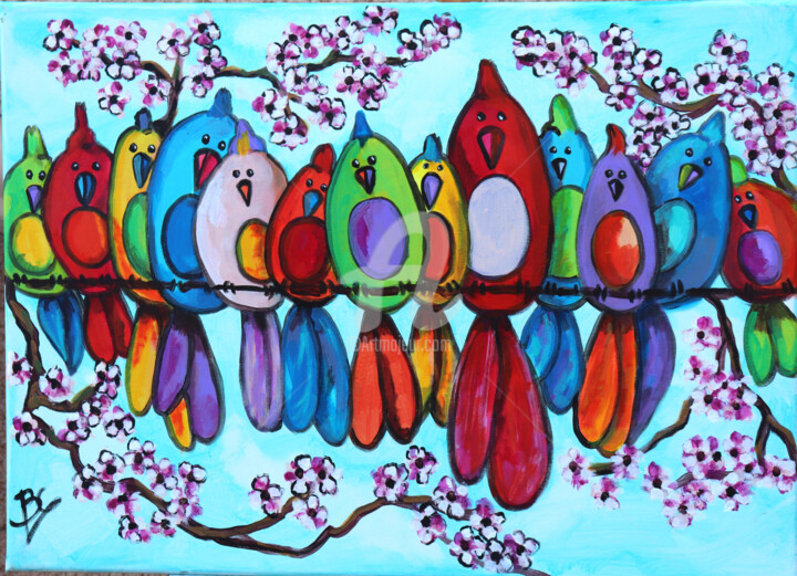 Colorful birds on a wire Pittura, 19,7x27,6 in
