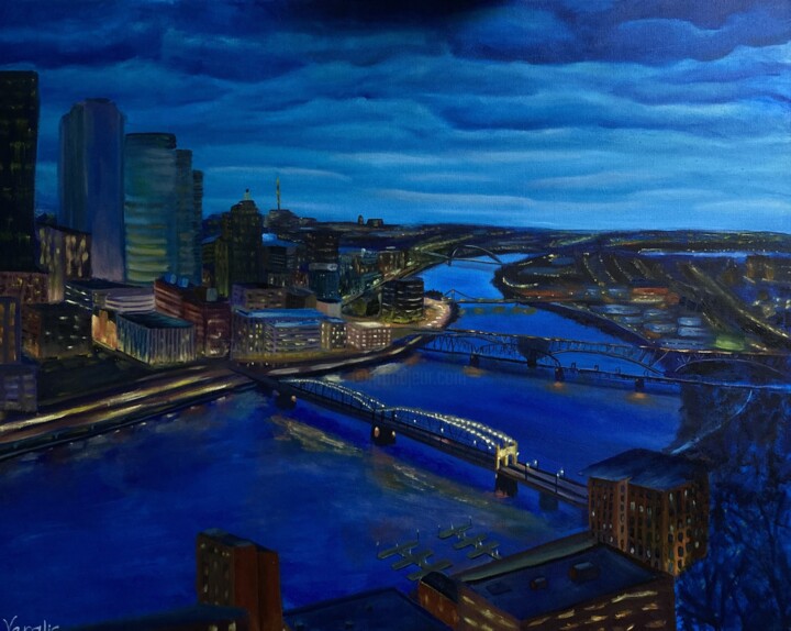 Night Pittsburgh 绘画, 22x28 in