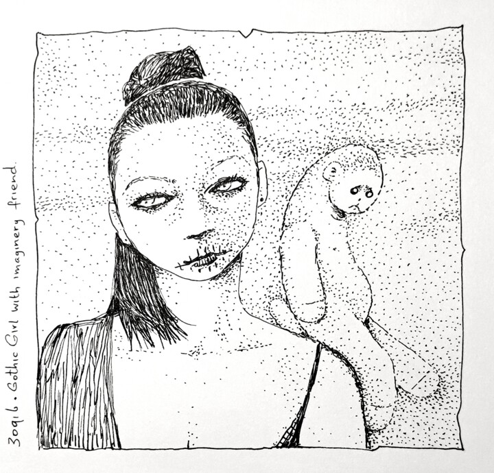 Gothic girl with imaginary friend Σχέδιο, 5,9x5,9 in