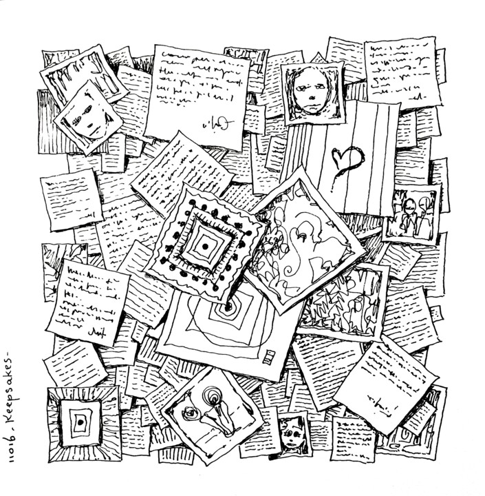 Drawing titled "Keepsakes" by Milto Sideris, Original Artwork, Gel pen