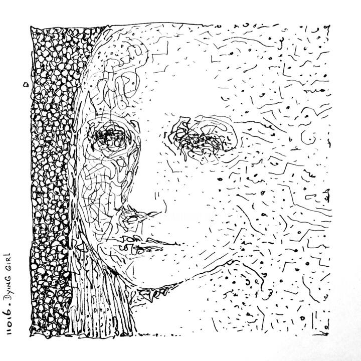 Drawing titled "Dying girl" by Milto Sideris, Original Artwork, Gel pen