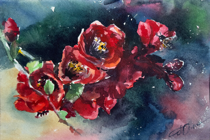 Painting titled "Red Flowers" by Olga Pravdina, Original Artwork, Watercolor