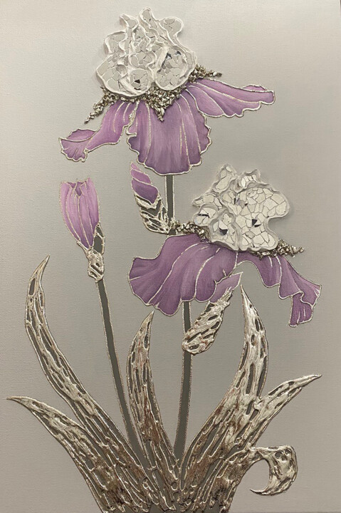 Painting titled "Rainbow irises" by Nadzeya Dzemianchuk, Original Artwork, Acrylic Mounted on Wood Stretcher frame