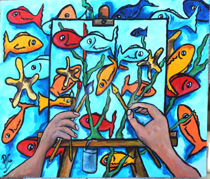 Fish painting trompe l'oeil 绘画, 27.6x23.6 in