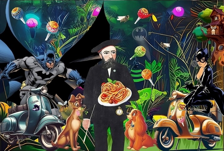 Malerei mit dem Titel "Mystical forrest" von Miss Mouse, Original-Kunstwerk, Digitale Collage Auf Keilrahmen aus Holz montie…