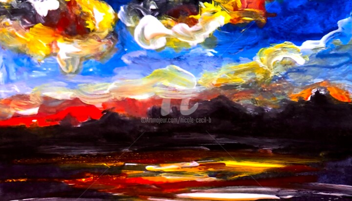 Painting titled "Sunrise at the Lake" by Nicole Cecil B, Original Artwork, Acrylic