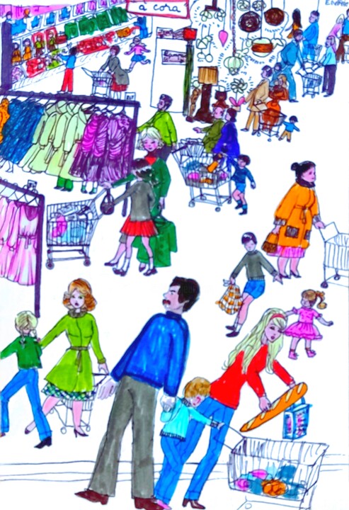 Dessin intitulée "Supermarket CORA 19…" par Corinne Courlet, Œuvre d'art originale, Encre
