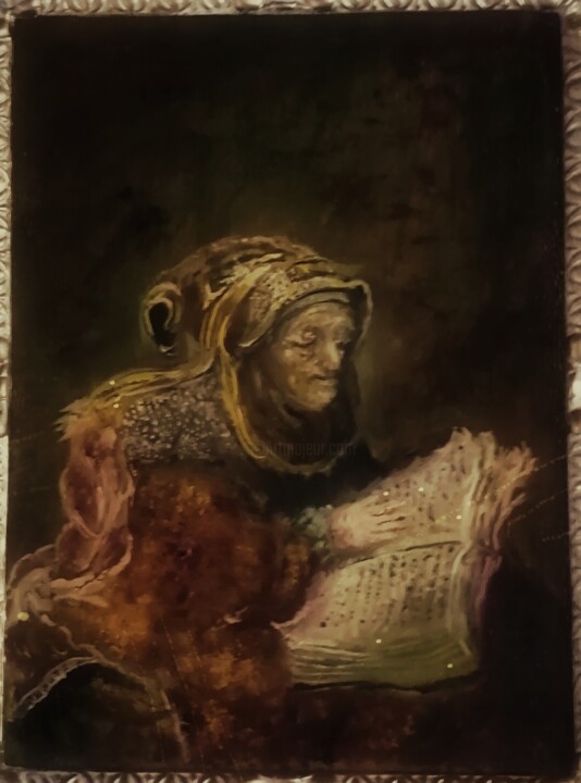 D'après Rembrandt, Old Women Reading Tablo, 17,5x13,6 in