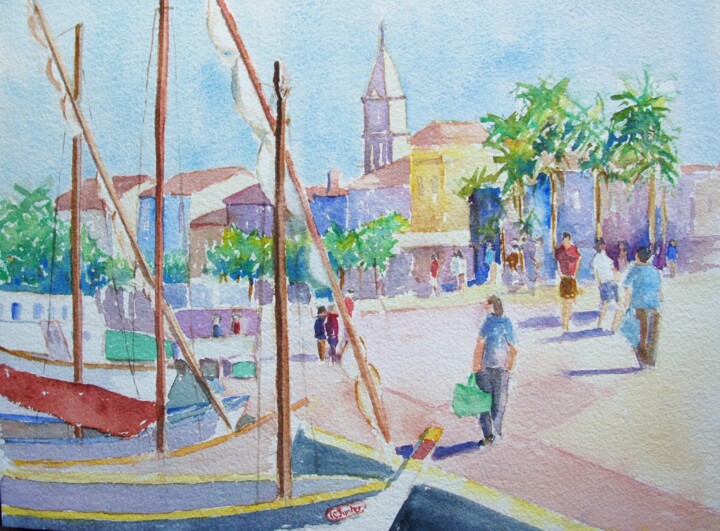 Peinture intitulée "Promenade à Sanary…" par Jean-Noël Le Junter, Œuvre d'art originale, Aquarelle Monté sur Panneau de bois