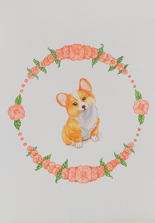 Corgi with Flax Flowers, Gentle Orange Resim, 16,5x11,7 in