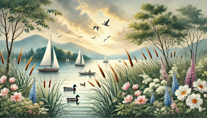 Golden Serenity: A Sunset by the Lake 数字艺术