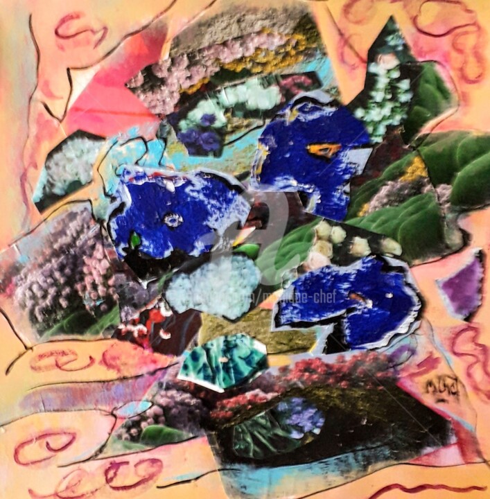 Collages titled "Fleurs bleues" by Monique Chef, Original Artwork, Collages