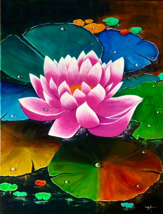 Painting titled "LYS D EAU" by Françoise Augustine, Original Artwork, Acrylic Mounted on Wood Stretcher frame