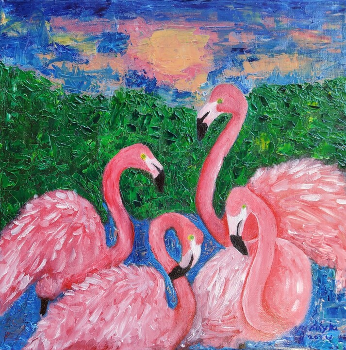 Flamingos, pink dreams. Tablo, 11,8x11,8 in