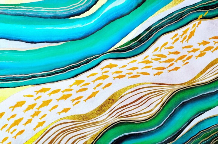 Magic white way through turquoise Painting, 15.8x23.6 in