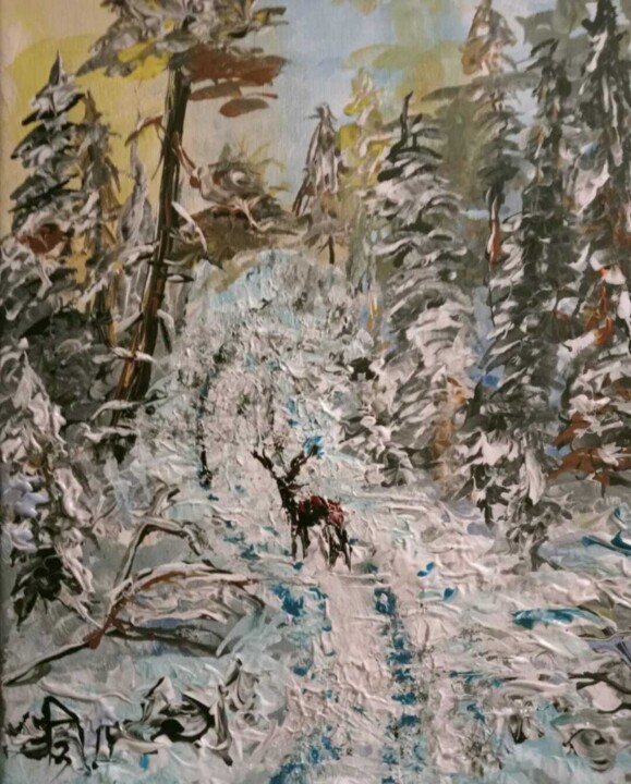 Peinture intitulée "Le cerf dans la for…" par Audran, Œuvre d'art originale, Acrylique