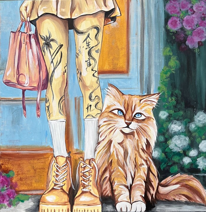Человек и кошка Painting, 19.7x19.7 in