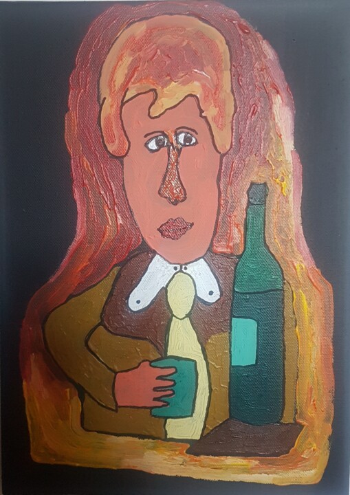 Painting titled "Man drinking" by Armando Moreschi, Original Artwork, Acrylic Mounted on Wood Stretcher frame