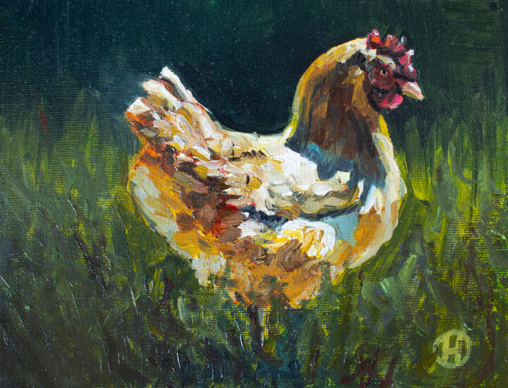 Schilderij getiteld "Golden Brown Hen in…" door Nata Hit, Origineel Kunstwerk, Olie Gemonteerd op Karton