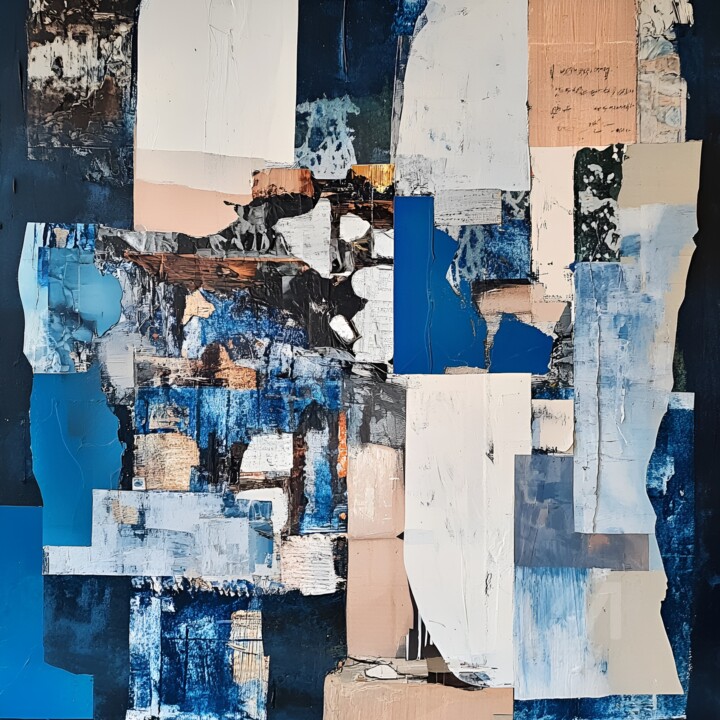 Dark blue and peach abstract collage on canvas 拼贴