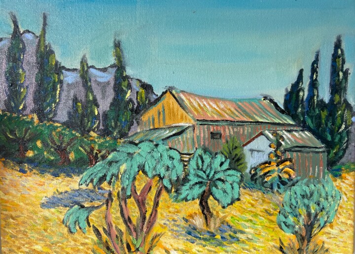 Peinture intitulée "Huts in the Mediter…" par Olie Den Mar, Œuvre d'art originale, Huile Monté sur Panneau de bois