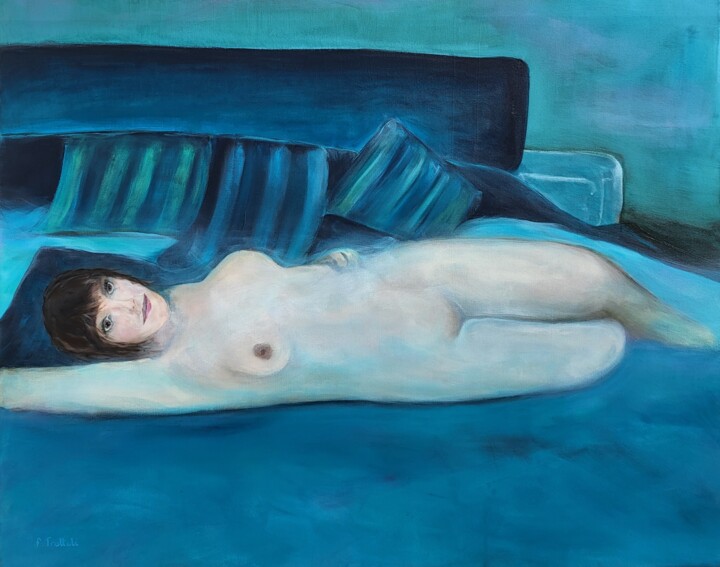 Écho Bleu – Nu Intemporel 绘画, 28.7x36.2 in
