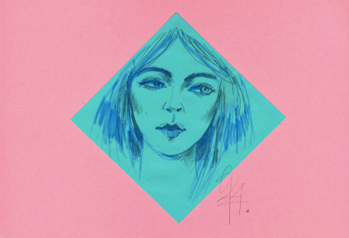 Rosa Tür mit Fenster 描画, 5.7x8.3 in