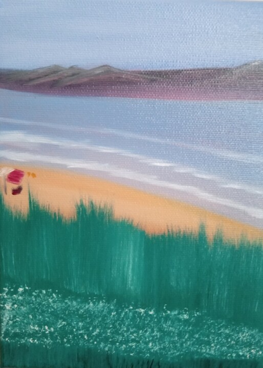 wild beach on the lake. side view Painting, 9.5x7.1 in