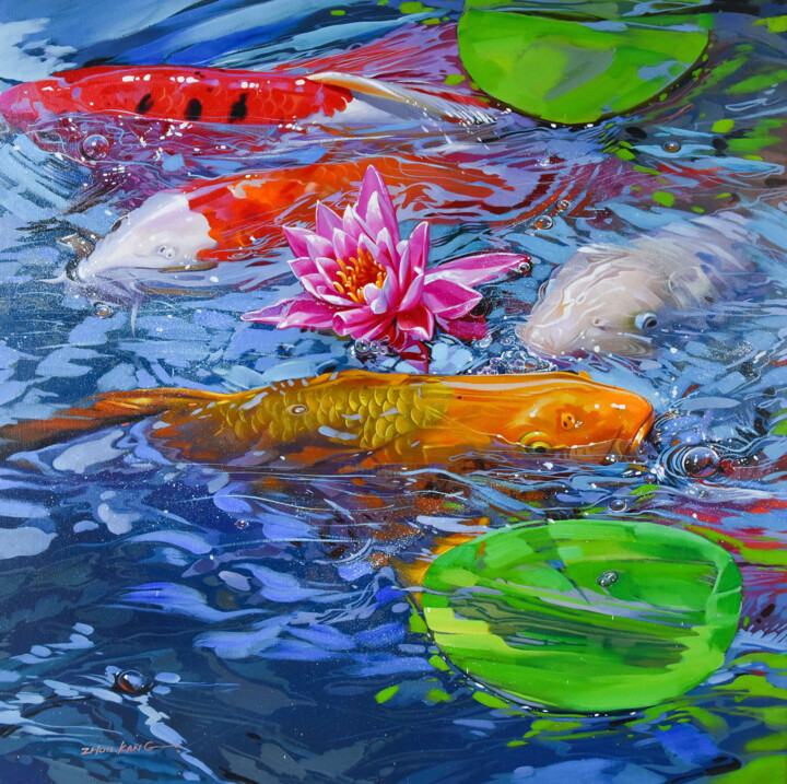 koi fish water lily Schilderij, 35,4x35,4 in