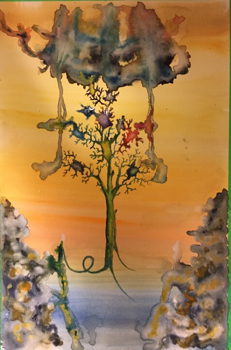 Painting titled "Ecce ... tree," by Romeo Dobrota, Original Artwork, Watercolor