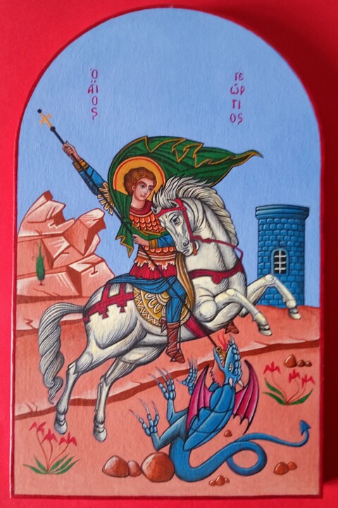 Painting titled "Icona San Giorgio d…" by Vincenzo Squillacioti, Original Artwork, Tempera Mounted on Other rigid panel